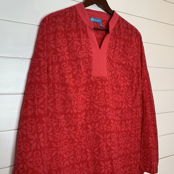 Fresh Produce LARGE Tunic Top Red Floral Lightweight Long Sleeve Blouse - Picture 3 of 6